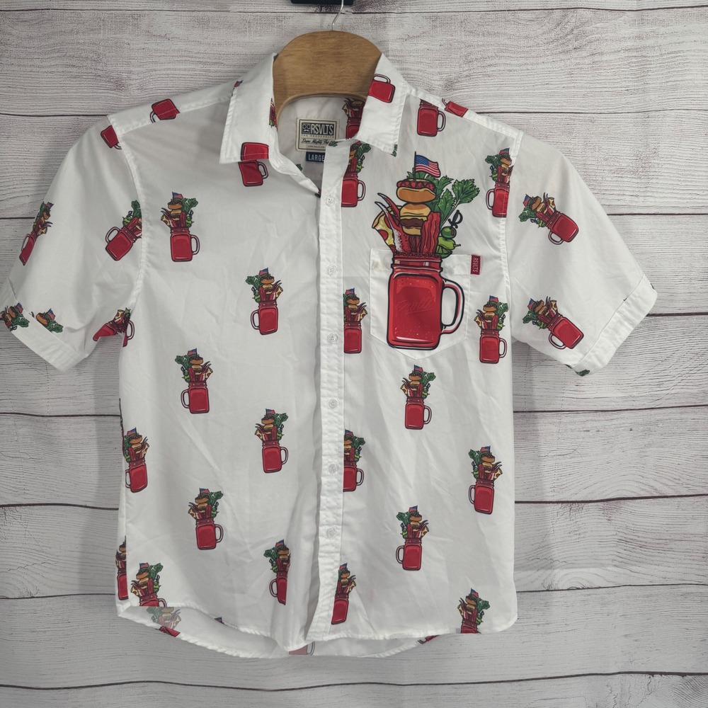 RSVLTS Shirt Mens Large Button‎ Up Short Sleeve Bloody Mary Sunday Brunch Funday